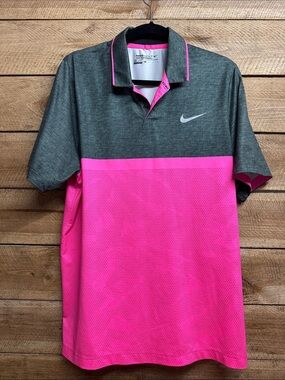 Nike Golf Tour Performance DriFit Men’s Charcoal Gray and Hot Pink Polo